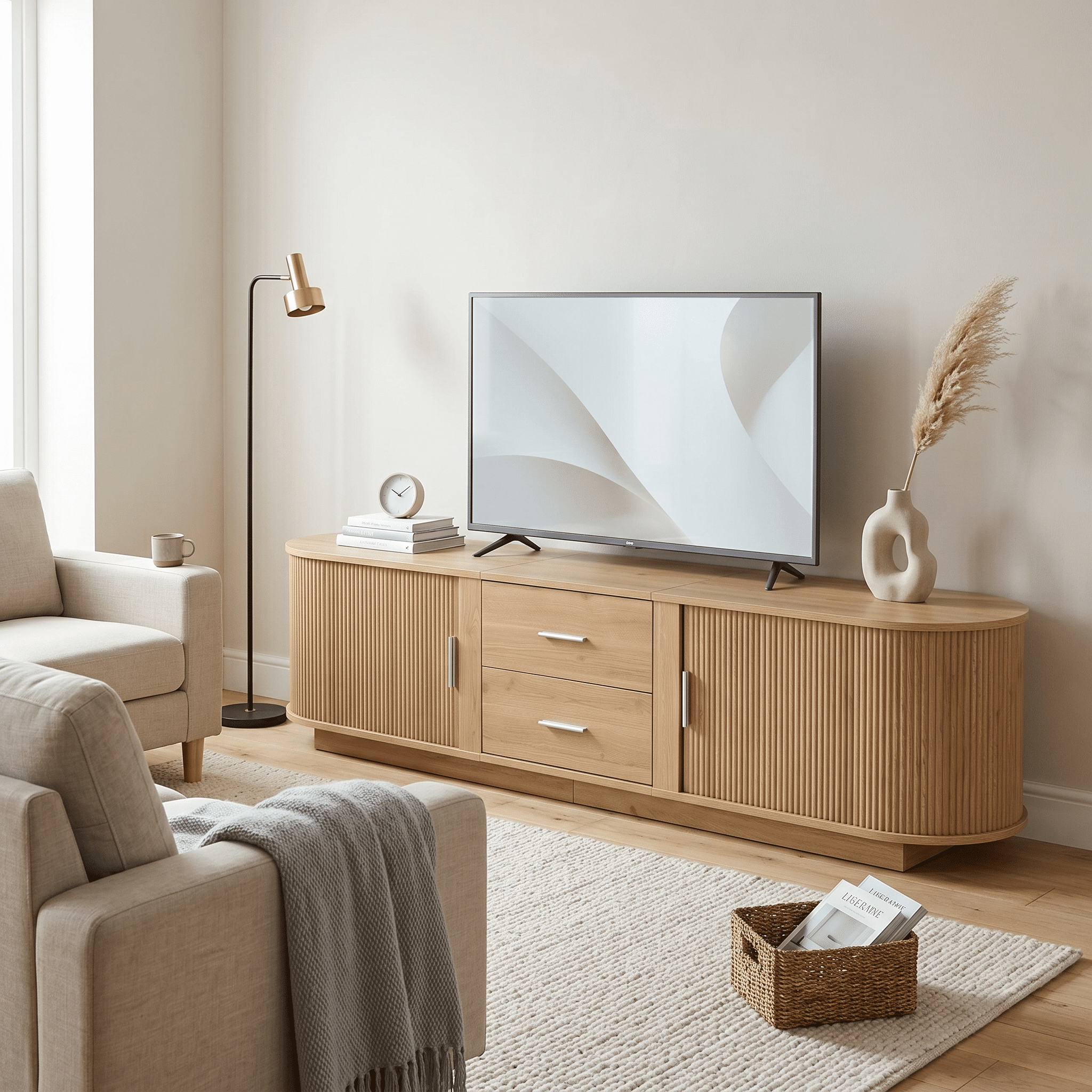 Homy Casa 70.8" TV Stand, Fluted Media Console with Drawers and Cabinets, Natural