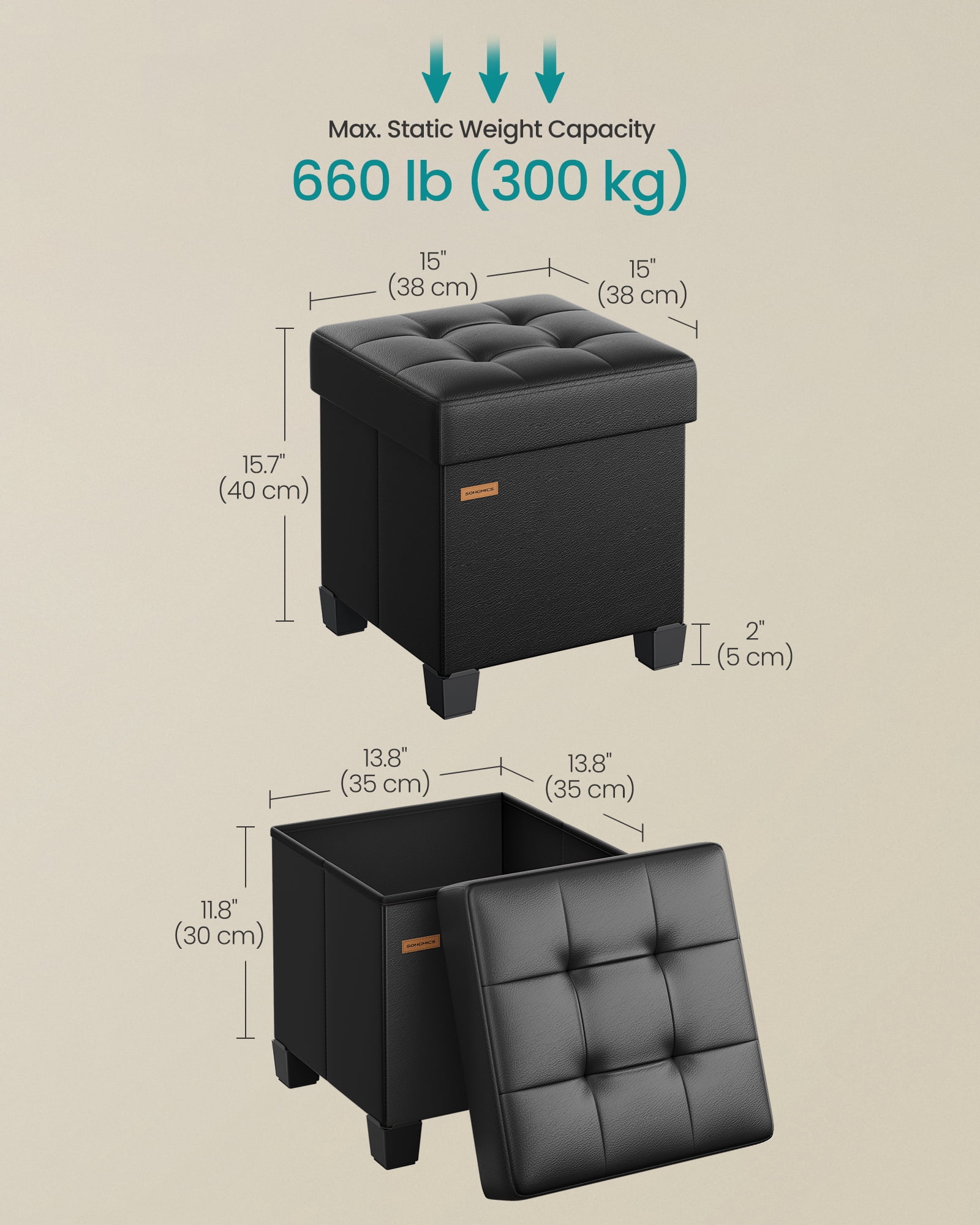 SONGMICS 15x15x15.7-Inch Cube Storage Ottoman with Legs. 10 Gal (37 L) Capacity. Synthetic Leather Footstool/Footrest.Ink Black