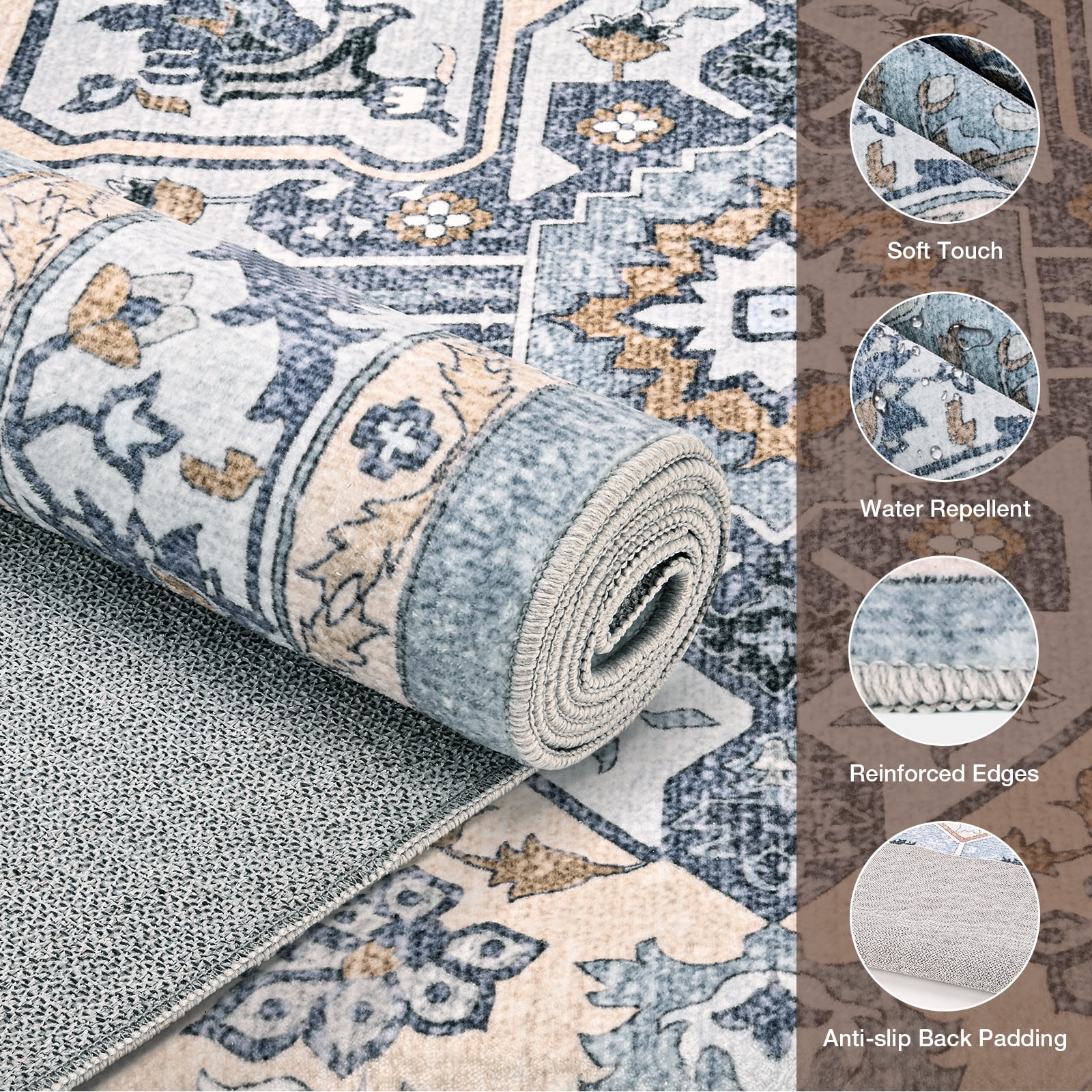 Washable Area Rug for Living Room, NovDeco 4'x6' Non-Slip Vintage Boho Light Blue Indoor Rug, Low Pile Stain Resistant Carpet for Bedroom, Nursery