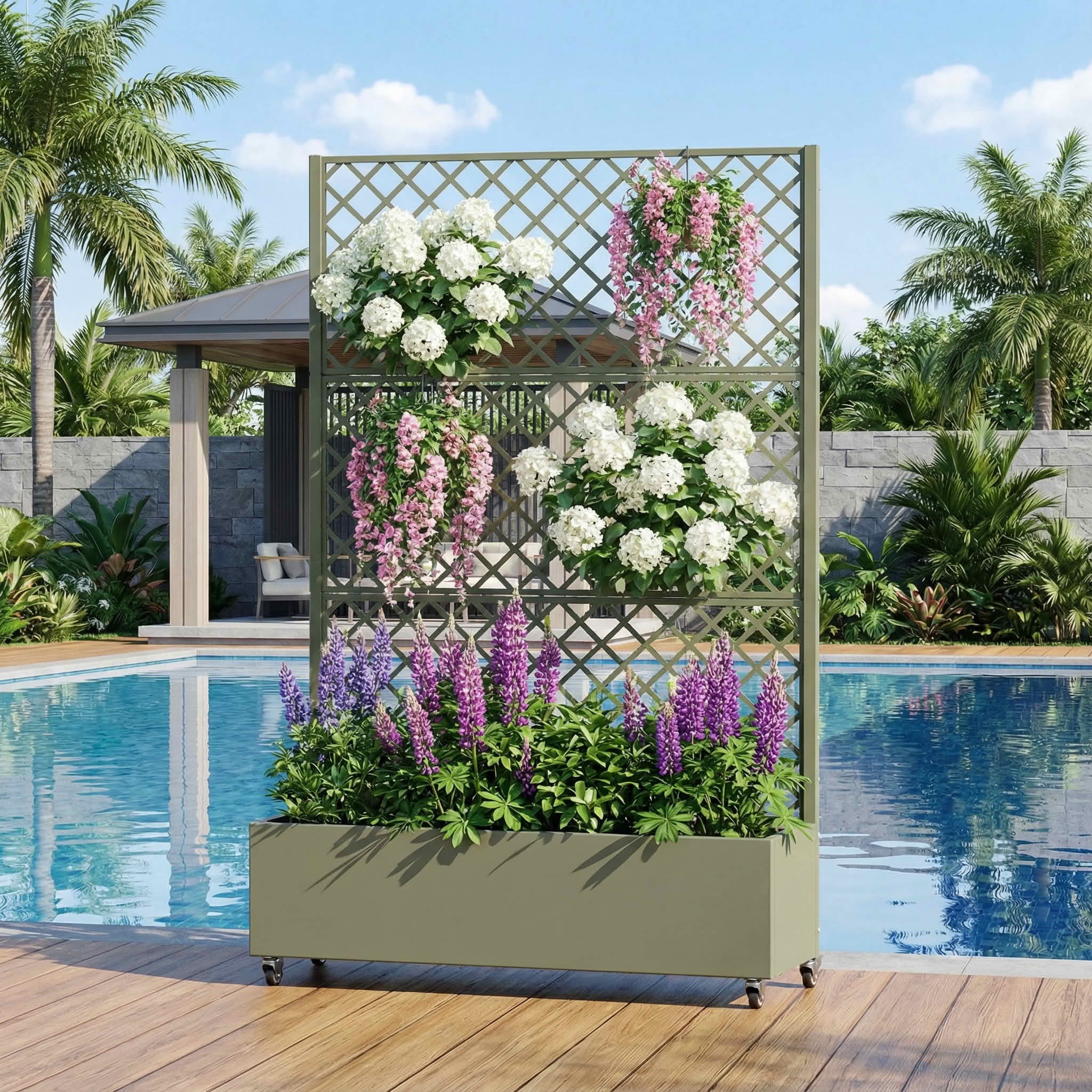 MAYEERTY 72X47" Metal Outdoor Olive Gray Privacy Screen with Planter Box for Backyard & Garden, 3 Piece Set