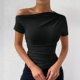 thumbnail image 4 of Oplxuo Off Shoulder Tops for Women Dressy Blouse Casual Short/Long Sleeve Ruched Asymmetrical Business Work Shirts, 4 of 6