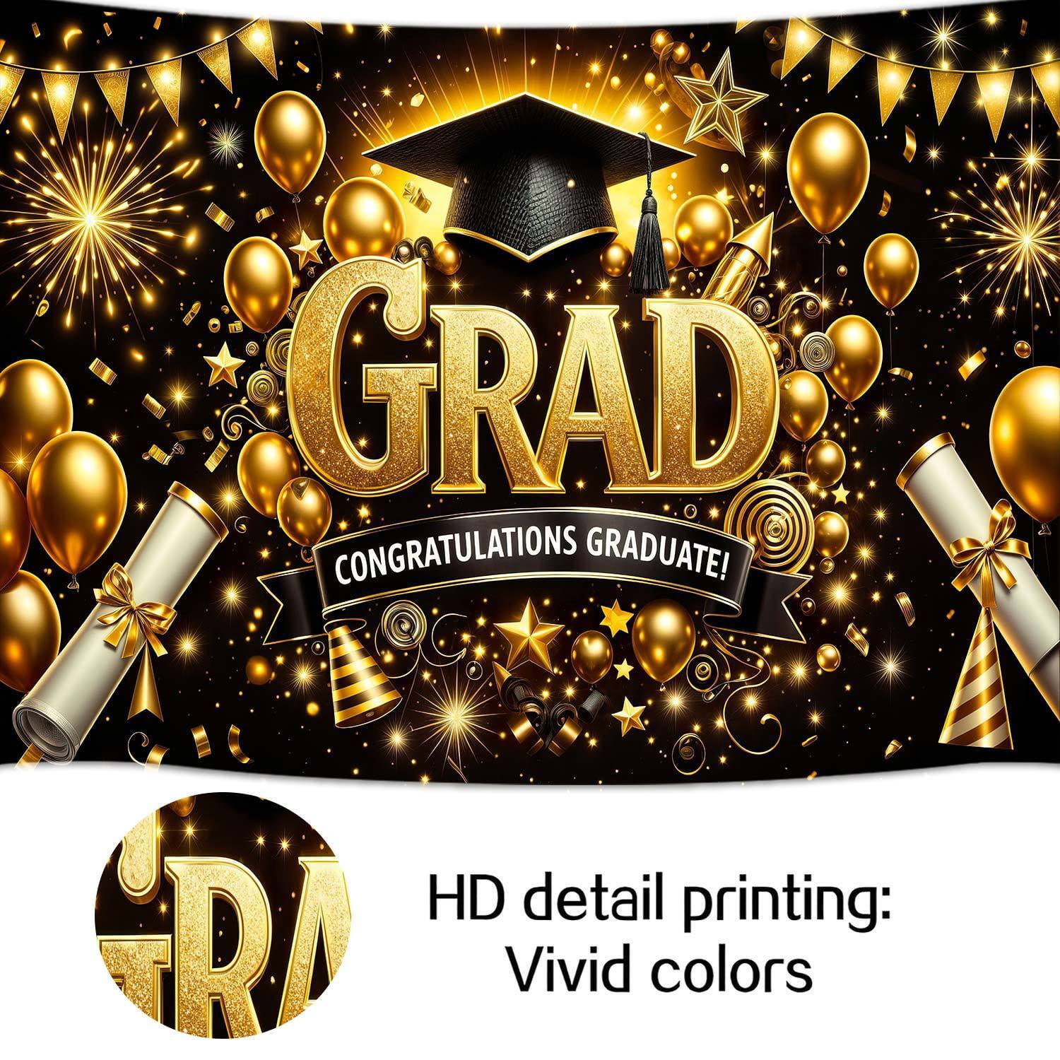 9x6ft Black and Gold Graduation Photography Backdrop, Congratulations Graduate Photo Booth Background with Cap Diploma Balloons, 2026 Grad Party Decor for High School College Graduation Supplies