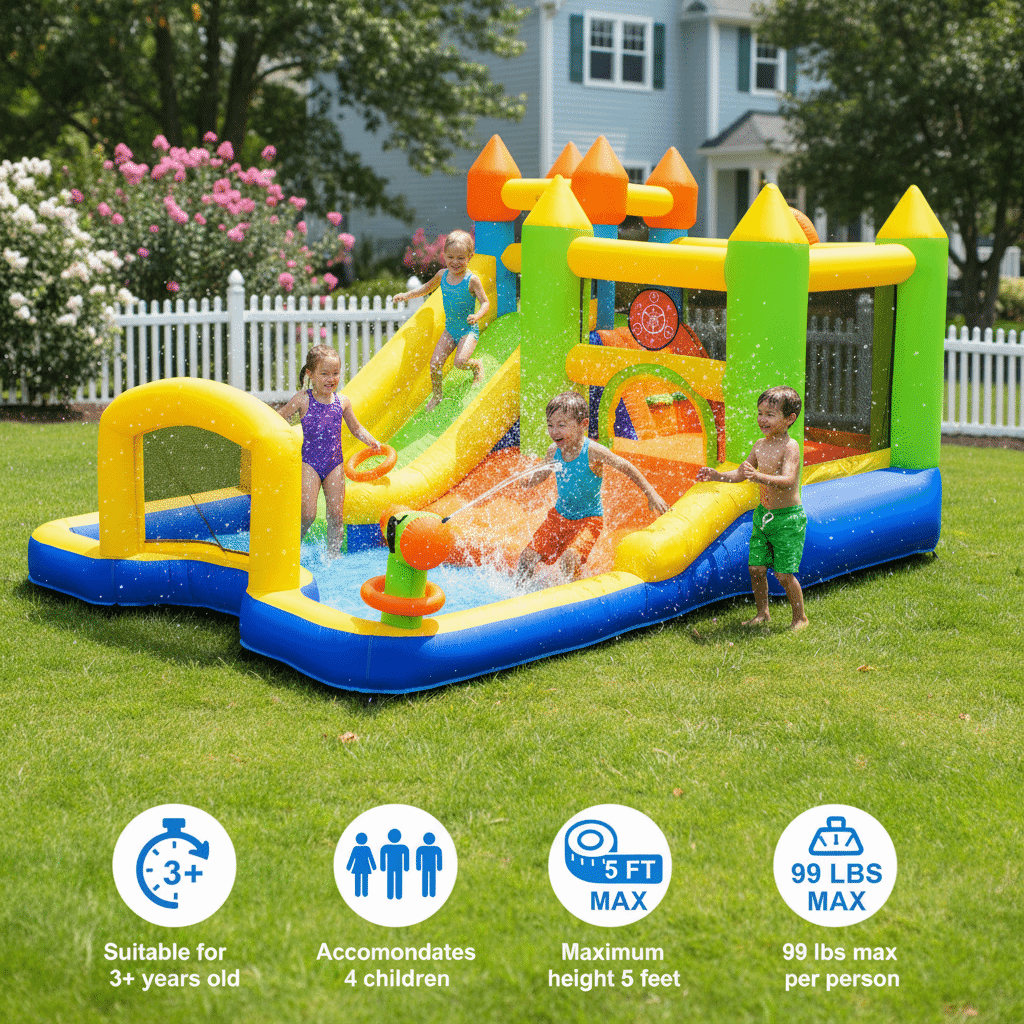 TLSUNNY Inflatable Bounce House for Kids , W/ Water Slides, Climbing Wall, Splash Pool, Soccer Goal, Water Cannon, Bounce Castle for Outdoor Backyard Party