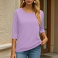 thumbnail image 6 of felwors 3/4 Length Sleeve Womens Tops Casual Loose Fit Crewneck T Shirts Cute Solid Three Quarter Length Tunic Tops Light Purple, M, 6 of 6