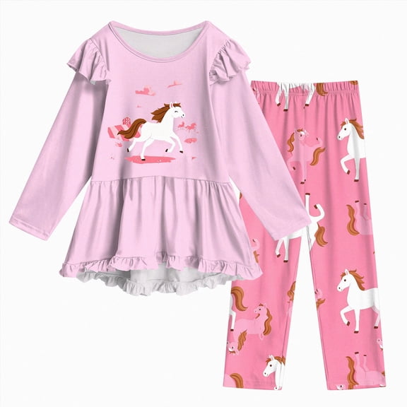 CAICJ98 Toddler Girl Clothes 2T 3T 4T 5T Kid Fall Outfit Ruffle Long Sleeve Shirt Top Print Pants Little Girls Winter Clothing Set, Size 2-8 Years