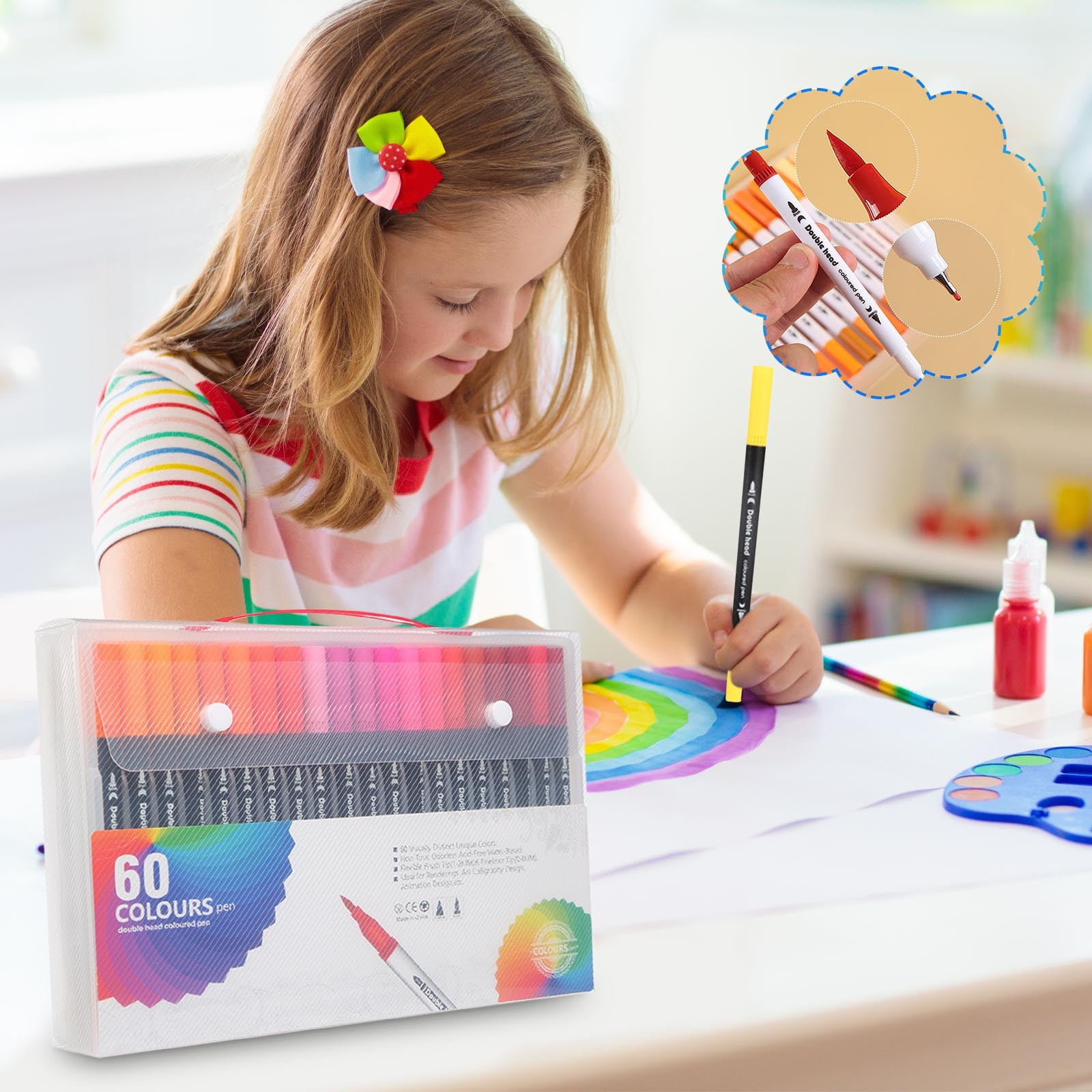 SHENGXINY 60PCS Acrylic Paint Markers Multi Color Dual Outline Marker Pen for Daily Note Decoration Art Creation Soft Metallic Luster Fine Hand Drawn Design Uniform Coloring Performance