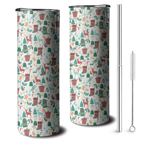 20oz Christmas Gift and Deer Pattern Skinny Tumblers Stainless Steel Tumbler with Lid and Straw,Vacuum Insulated Double Wall Travel Tumbler Cups with Cleaning Brush for Coffee,Tea