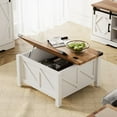 thumbnail image 1 of Wampat Table Basse Carrée en Bois Style Ferme avec Dessus Rabattable à Vérins à Gaz pour Très Grand Rangement Caché et Coins à Supports Métalliques, Blanc/chêne, 1 of 7