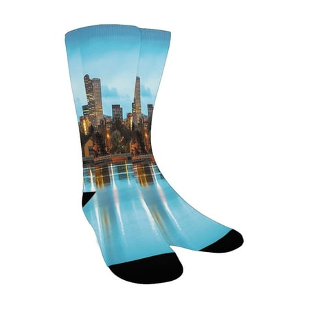 

Urban Downtown Denver Ferril Lake Colorado at the Morning City Park Capital Sky Blue Yellow Orange Custom Socks for Women