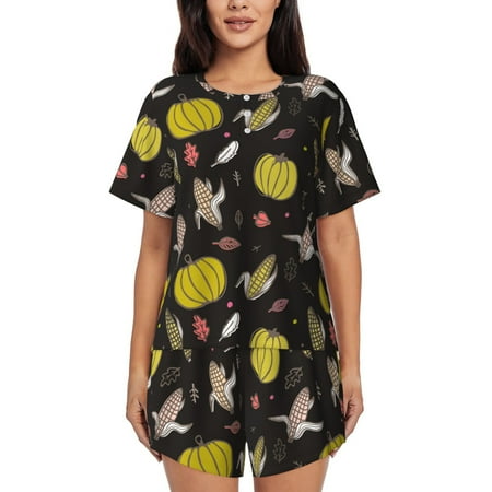 Junzan yellow Pumpkin Corn for Short-Sleeved Pajama Set for Women 2 Piece Short Sleeve Crew Neck Sleepwear Set Summer Pajamas Set Lounge Sets 2-Piece Pj-3X-Large