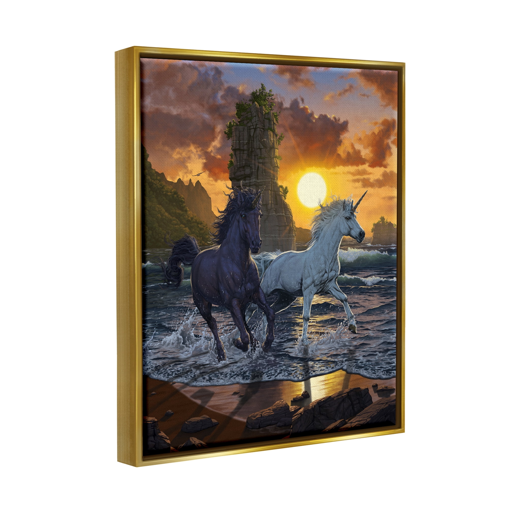 Stupell Industries Unicorns in Sunset Fairy Tales & Fantasy Painting Gold Floater Framed Canvas Art Print Wall Art, 25 x 31