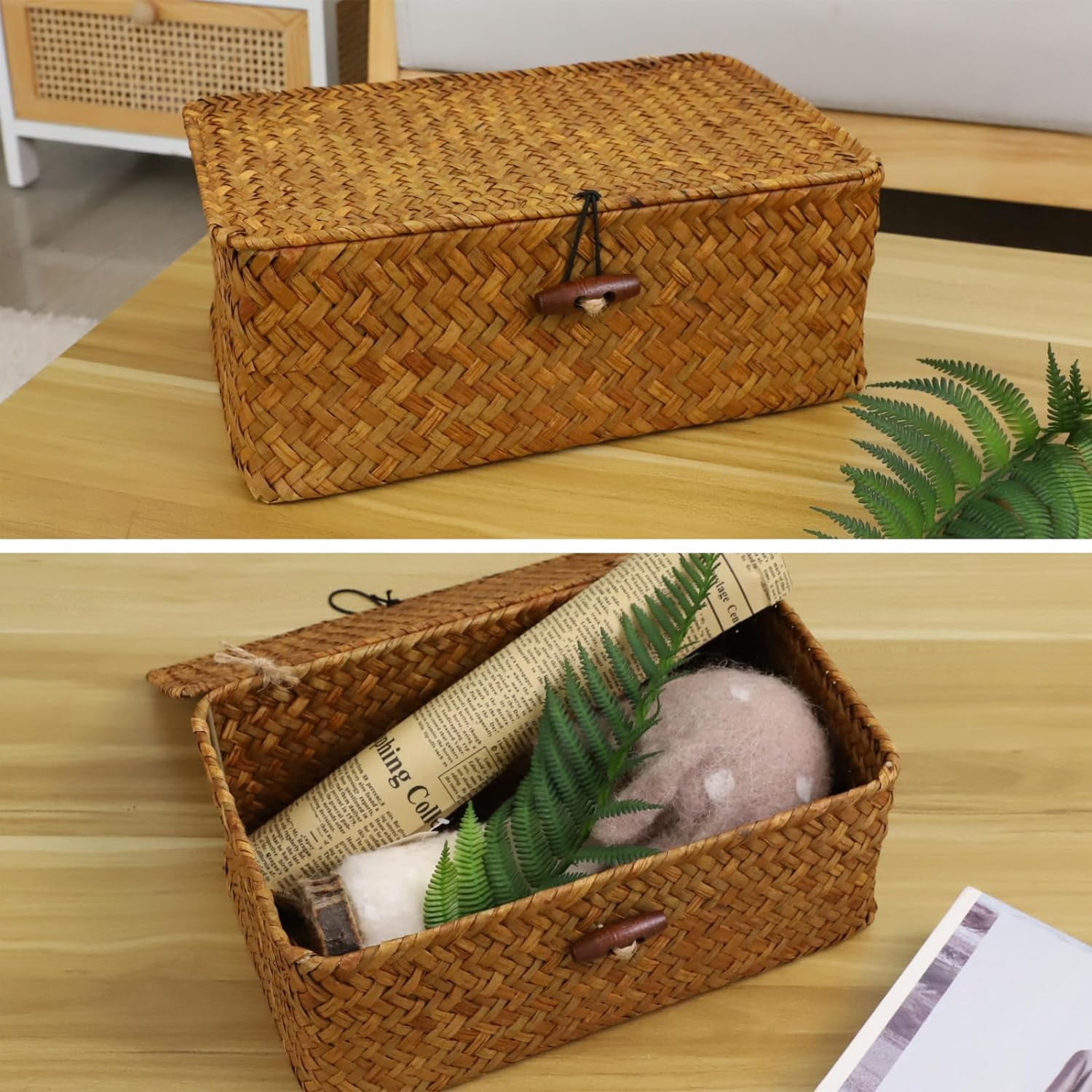 Seagrass Storage Basket, Simple Large Capacity Dustproof Soft Woven Rectangular Basket Bins With Lid For Bathroom L