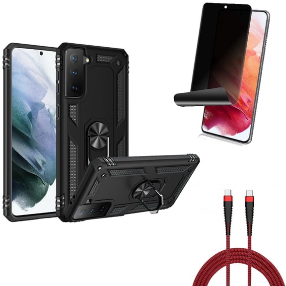 10ft PD Cable & Privacy Screen Protector & Hybrid Case Cover for Samsung Galaxy S22 (6.1") - Type-C to USB-C Charger Cord & TPU Film Fingerprint Works & Metal Ring Kickstand Accessory Bundle