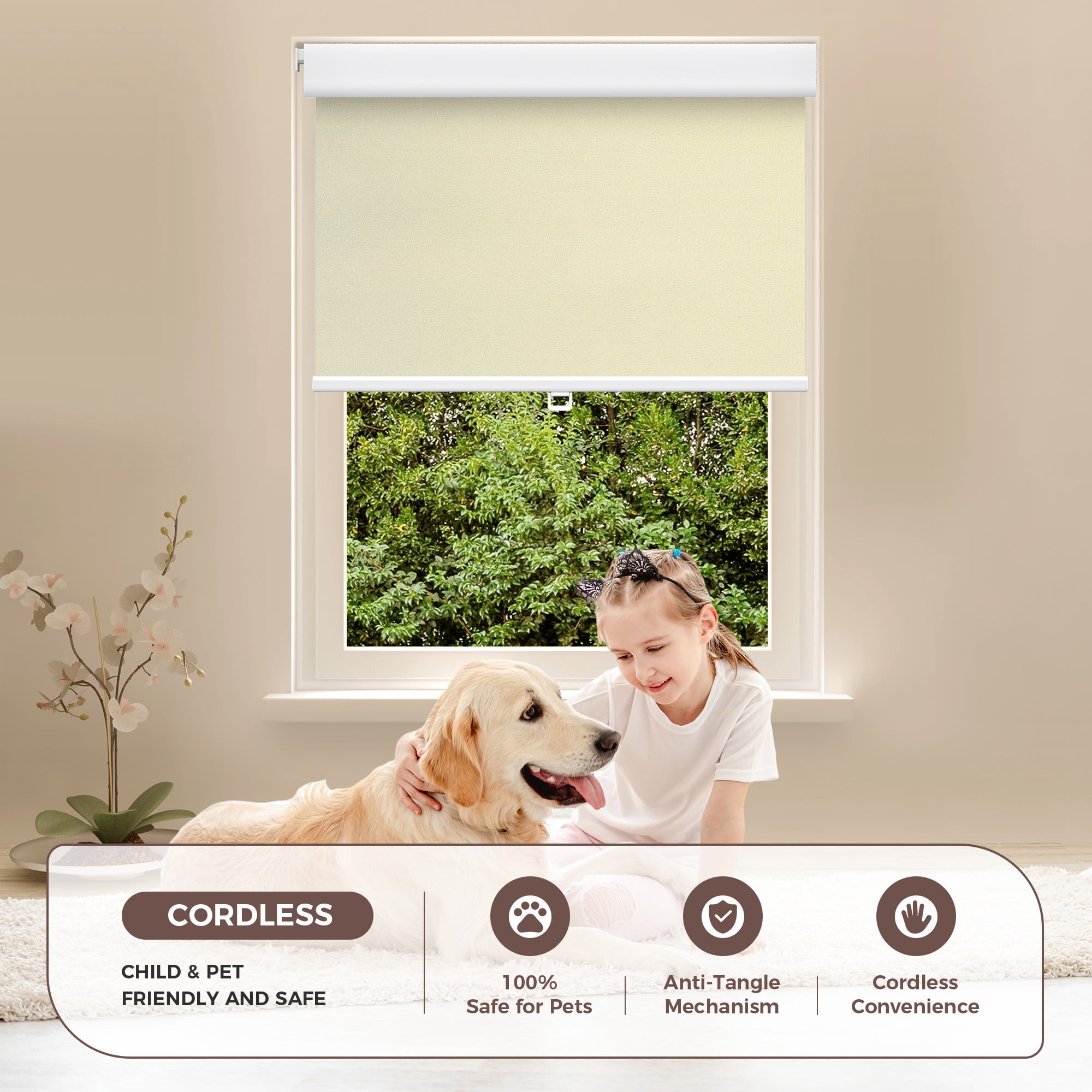 Allesin zen No Drill No Tools Blackout Roller Shades for Windows, ( Beige 34 x 48), Renter-friendly, UV Protection, no-drill pull-down blinds for Home, Bedroom, Office, Living Room