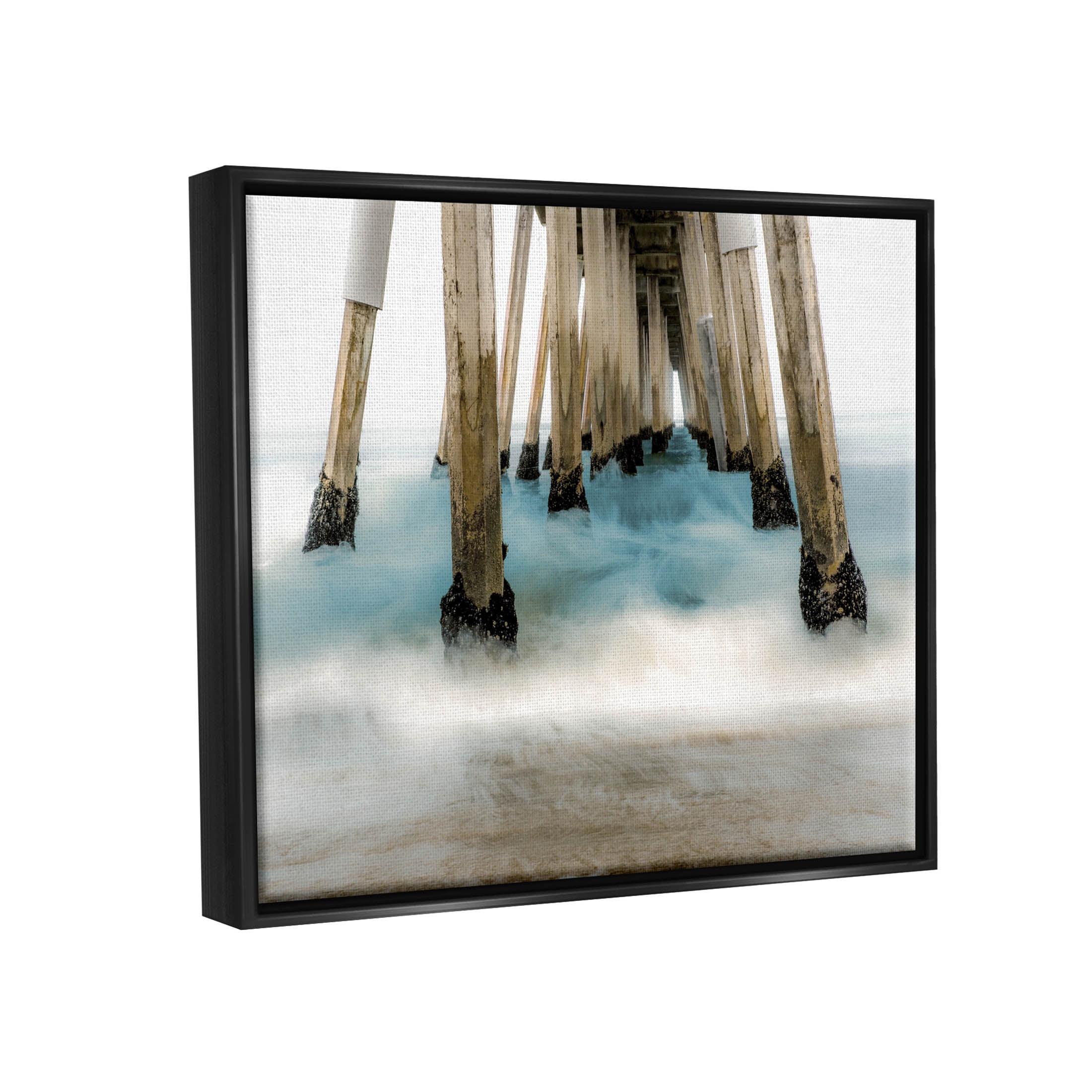 Waterfront Pier Splashing Sea Waves Coastal Graphic Art Jet Black Framed Art Print Wall Art