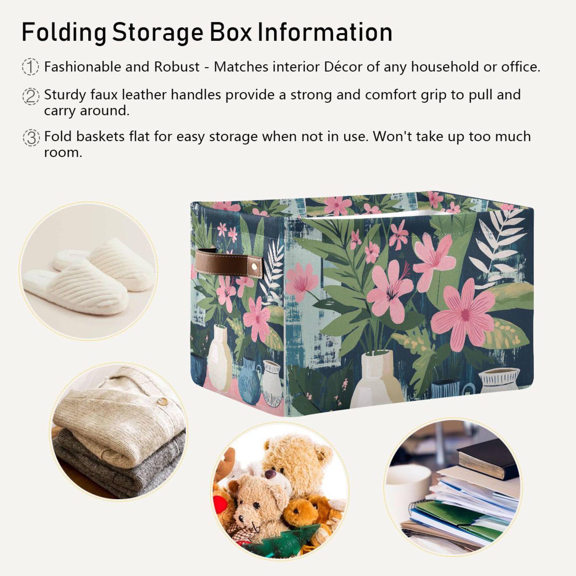 Yayeee Canvas Storage Basket with Handles for Shelves Fabric Bins Closet Organizer, Green Floral