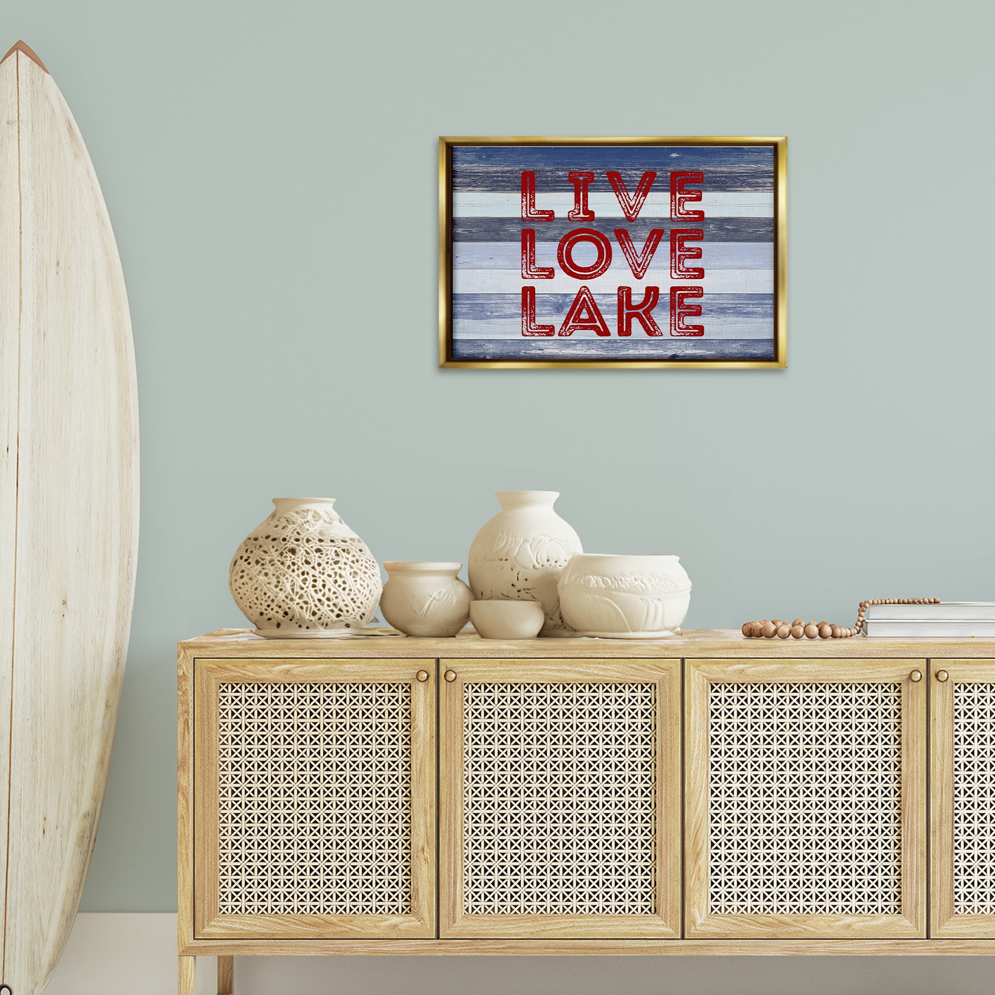 Stupell Industries Live Love Lake Striped Nautical & Beach Painting Gold Floater Framed Canvas Art Print Wall Art, 25 x 17