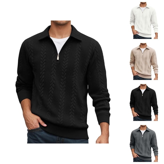 Quarter Zip Pullover Men Fall Winter Long Sleeve Jacquard Collared Sweat Shirt Casual Pullover Tops