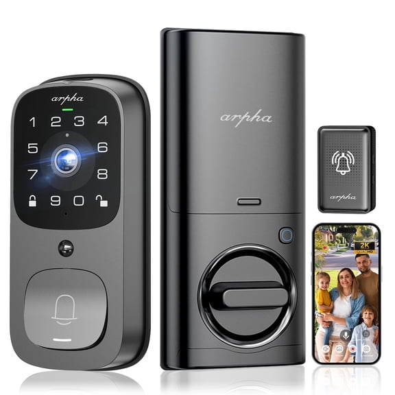 ARPHA Smart Door Lock, 5-in-1 Fingerprint Keyless Entry Door Lock with 2K HD Camera, 2 Way Audio & WiFi, IP65 Waterproof, App Remote Control, Keypad Code, Smart Door Lock for Homes and Hotel