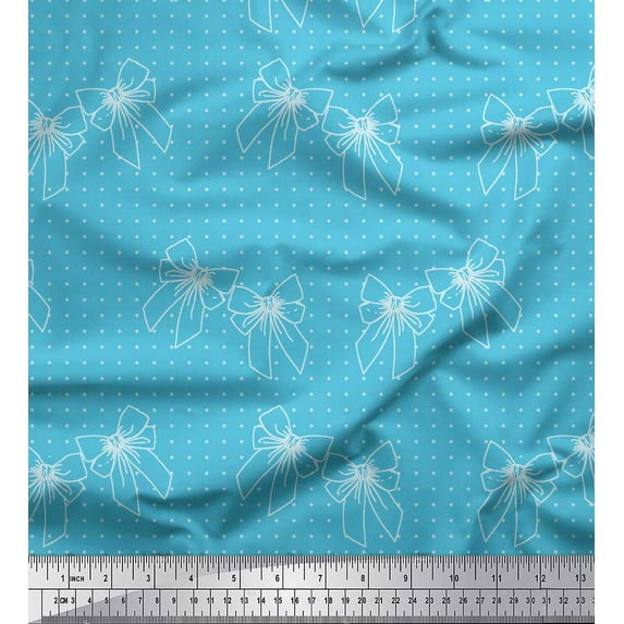 Soimoi Blue Rayon Fabric Bow & Dots Print Sewing Fabric Yard 56 Inch Wide
