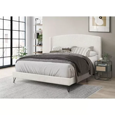 Full Size Platform Bed Wing Back Headboard, Boucle Fabric Upholstered Bed Frame, Beige