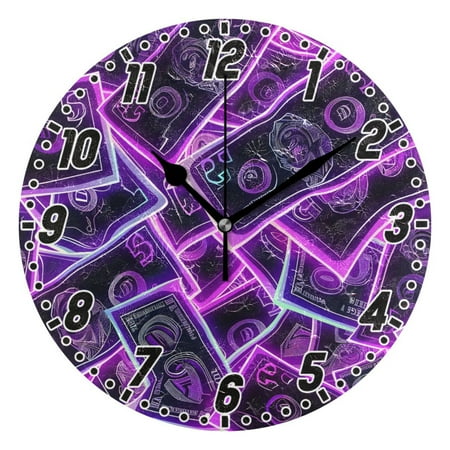 Neon Dollar Bills Round Wall Clock Battery Operated Silent Non-Ticking Bedroom Office Kitchen Home School Decor 10(Black)