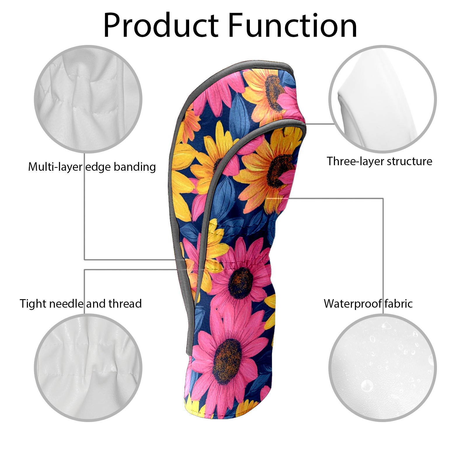 Golf Head Covers Sunflower Pattern for Driver, Wood & Hybrid, Premium Waterproof PU Leather with Plush Lining, Cheerful Floral Golf Gifts