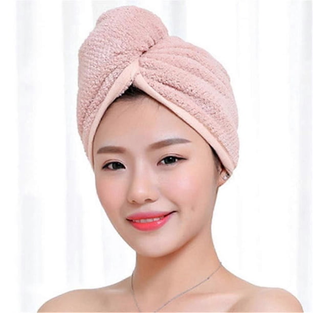 Toalla de microfibra para secar el cabello, gorro para mujer, súper absorbente, de secado rápido, con cierre de botón, color rosa.