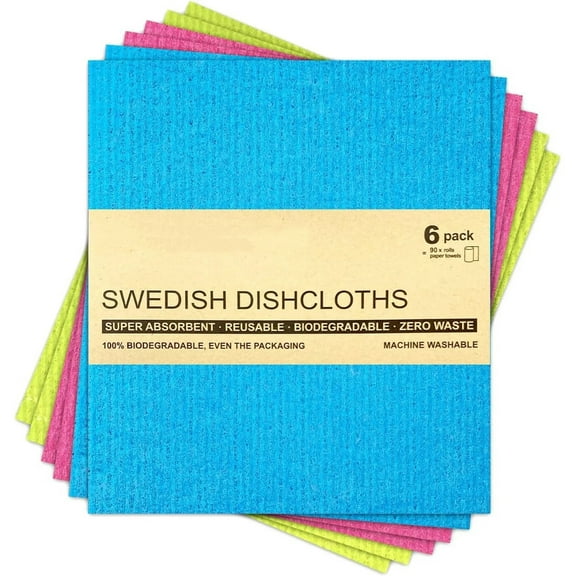 Swedish Dishcloths - 6 Pack Reusable Kitchen Paper Towels - Washable Cleaning Cloths - Multicolor - Washable Sponge Towel