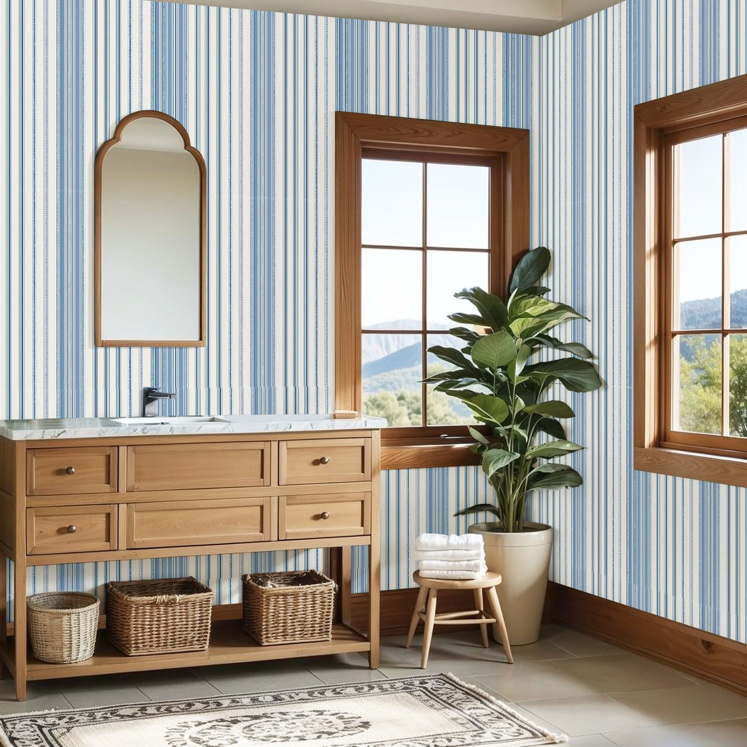 Peel and Stick Wallpaper Blue White Vertical Striped Minimalist Classic Wall Mural 23.6in x 9.8ft Self Adhesive Removable Wall Paper Renter Friendly Wallpaper for Bedroom Studio Lake House