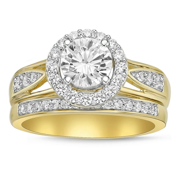Sterling Silver with 14KY Gold Plated Round with Halo Simulated Diamond Bridal Set Rings