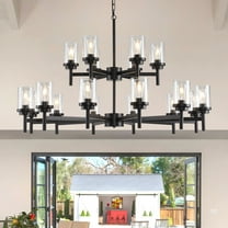 Modern Black Farmhouse Chandelier with Clear Glass Shades - Adjustable 18-Light for Kitchen Island, Dining Room, Foyer