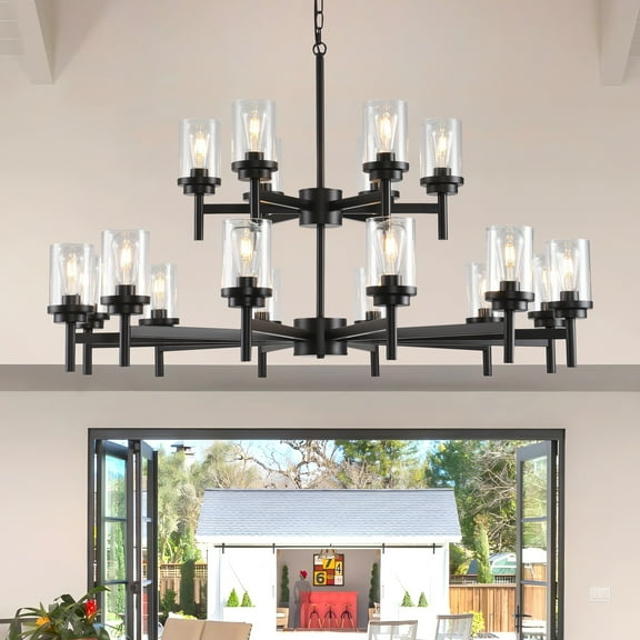 Modern Black Farmhouse Chandelier with Clear Glass Shades - Adjustable 18-Light for Kitchen Island, Dining Room, Foyer