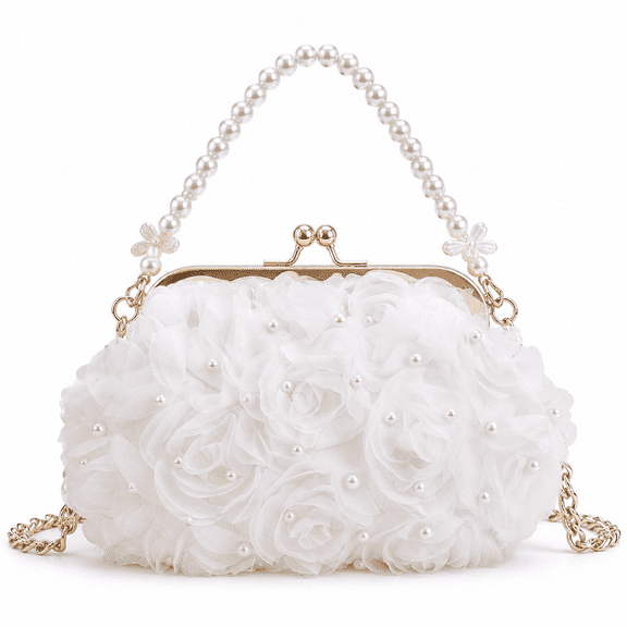 REMANLAND Women's 3D Floral Evening Handbag with Pearl-Style Handle, Frame Clasp and Chain Strap