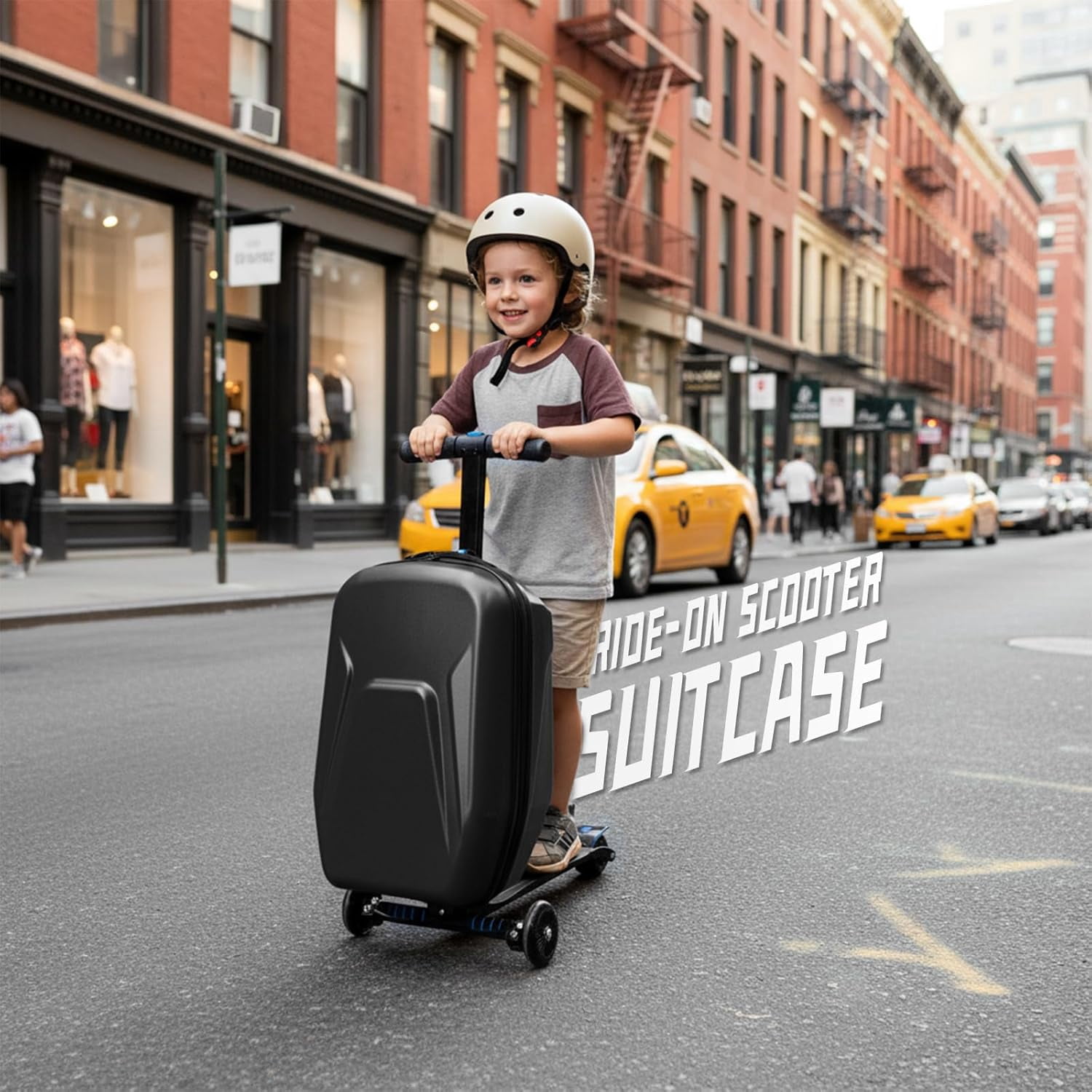 20" Hardshell Scooter Suitcase for Kid & Adult Foldable 2 in 1 Ride on Carry on Travel Trolley Scooter Luggage With Wheels Black