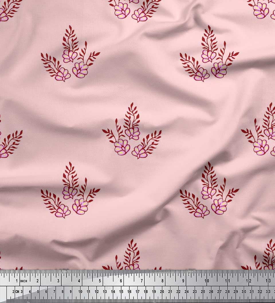 Soimoi Moss Georgette Fabric Leaves & Floral Block Printed Fabric 1 Yard 42 Inch Wide