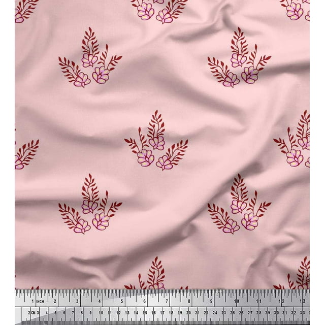 Soimoi Silk Fabric Leaves & Floral Block Decor Fabric Printed Yard 42 Inch Wide
