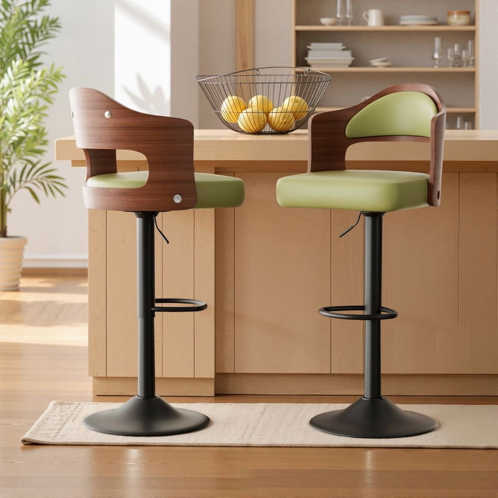 Daluvenix Swivel Bar Stools Set of 2, Wooden Kitchen Bar Chairs with Back, PU Leather Counter Height Barstools for Kitchen Island, Green