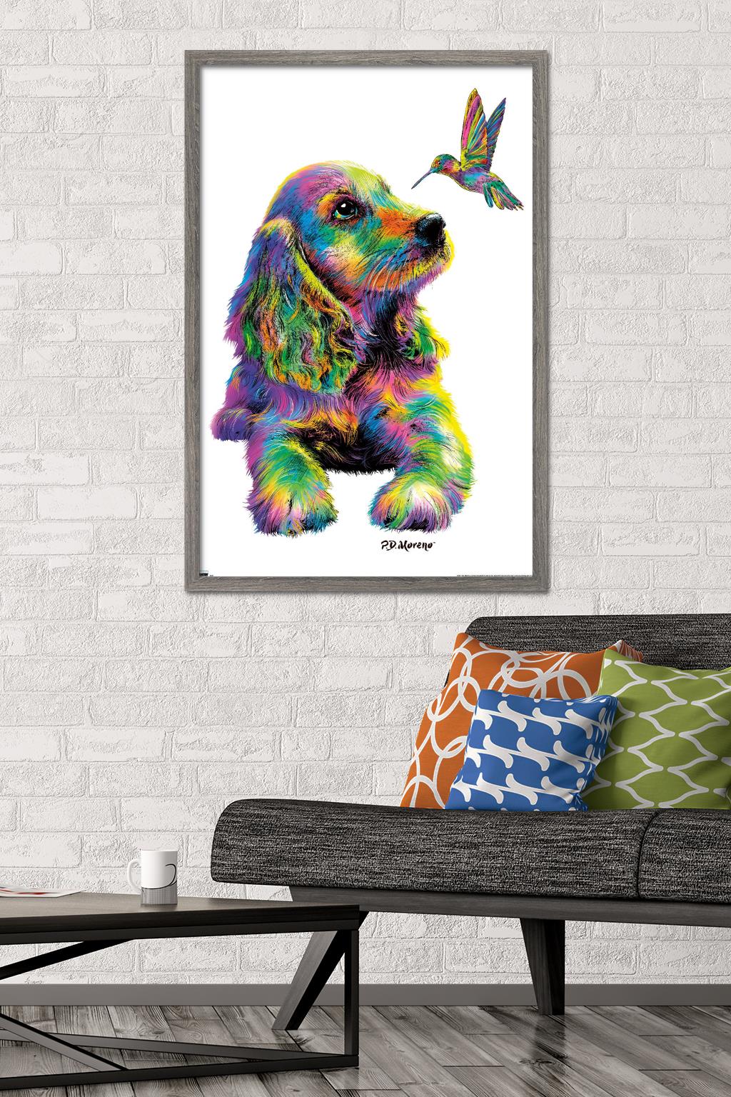 PD Moreno - Dog and Hummingbird Wall Poster, 22.375" x 34", Framed