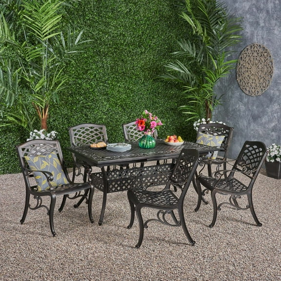Kinley Outdoor 64 Inch to 81 Inch 7 Piece Cast Aluminum Dining Set with Expandable Table, Shiny Copper