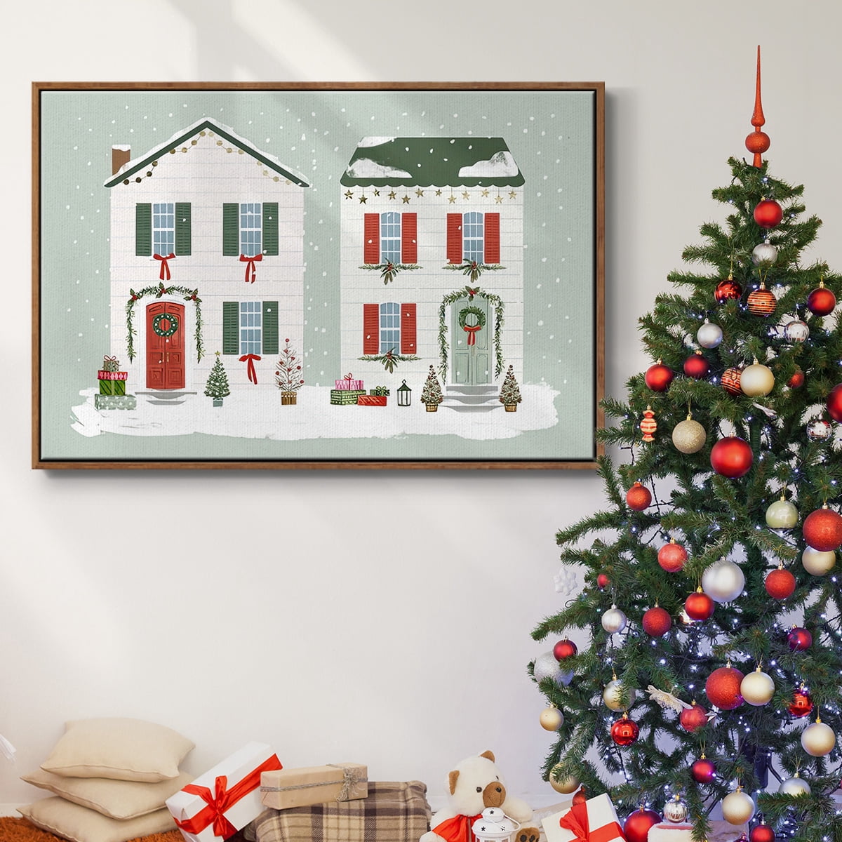 Festive Front Door Collection A - Framed Gallery Wrapped Holiday Canvas - 27 x 41 - Rosewood Frame