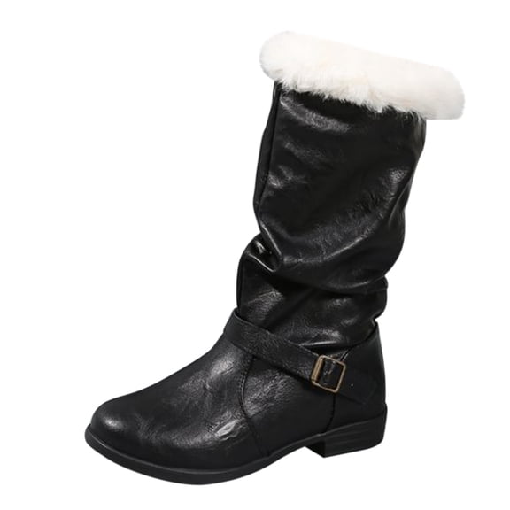 XIMIN Women's Slip-On Thick Rabbit Plush Collar Warm Waterproof Cold Weather Boots Mid Calf Winter Snow Boots Outdoor Thermal Buckle Strap Non-Slip Boot