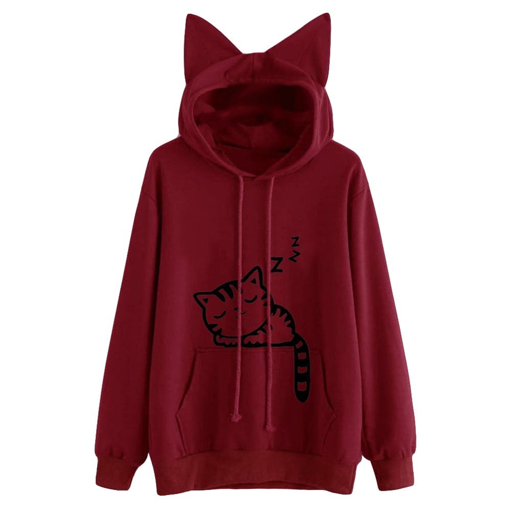 Sunmoot Clearance Sale Womens Embroidery Cat Hoodies Soft Plush Casual Solid Coat Outwear Sweatshirt with Pockets