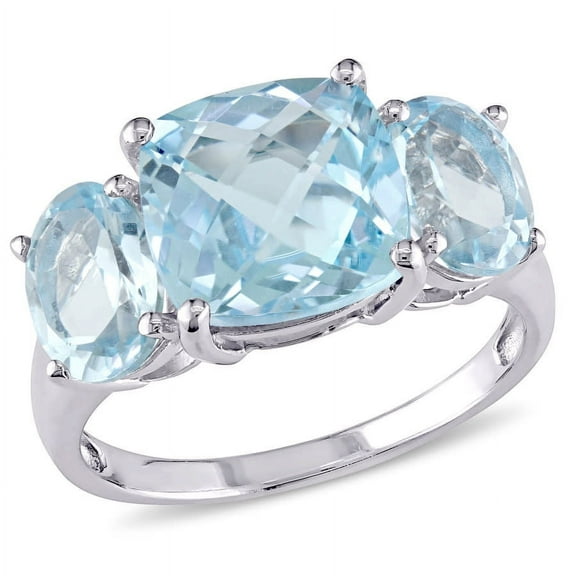 AMOUR 8 2/5 CT TGW Cushion Cut Blue Topaz 3-sTone Ring In Sterling Silver