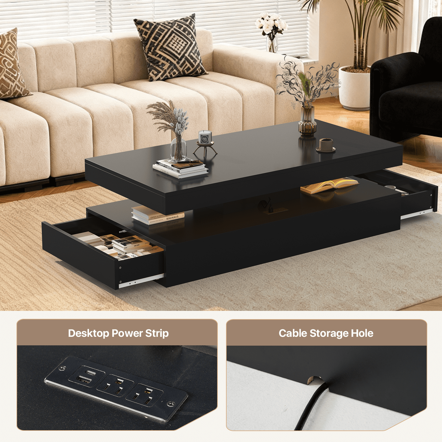 BaPiPro 47 Inch Modern LED Coffee Table with 2 Drawers, USB Charging & Smart Control, Large Center Table for Living Room, Black