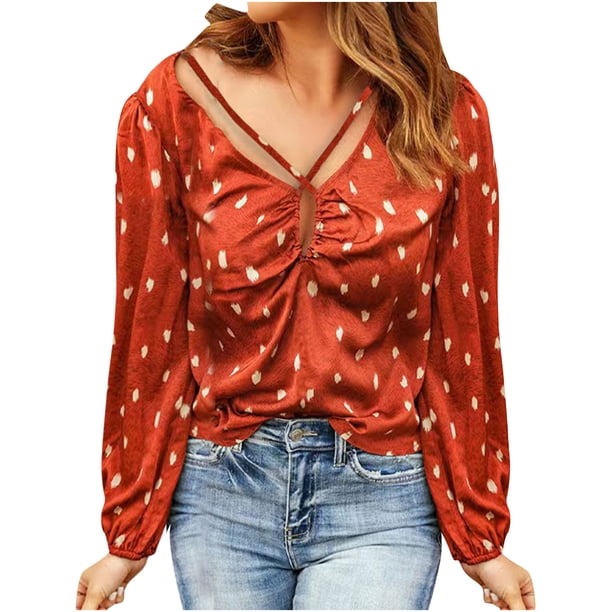 Top de manga farol con estampado de lunares y cordón cruzado con cuello en V para mujer Fridja czfsfas4600