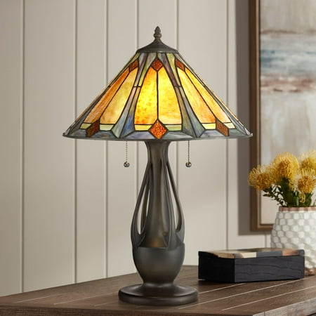 Robert Louis Tiffany Traditional Mission Accent Table Lamp Deep Metallic Stained Art Glass Shade for Living Room Bedroom Family