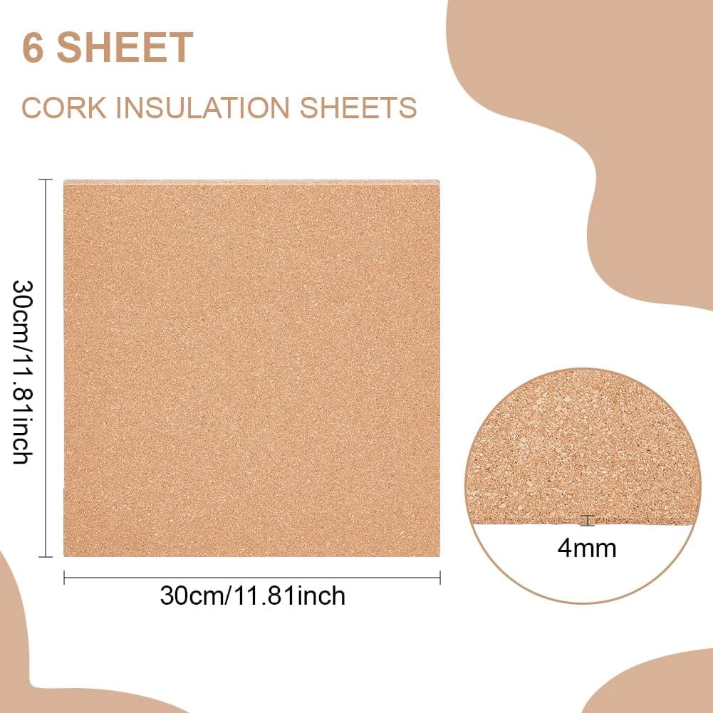 6PCS Cork Sheet 12x12inch Square Cork Sheet Sand Brown Coasters Cork Board for Bulletin Boards Wall Decorations and DIY Crafts 4mm Thick Sandy Brown