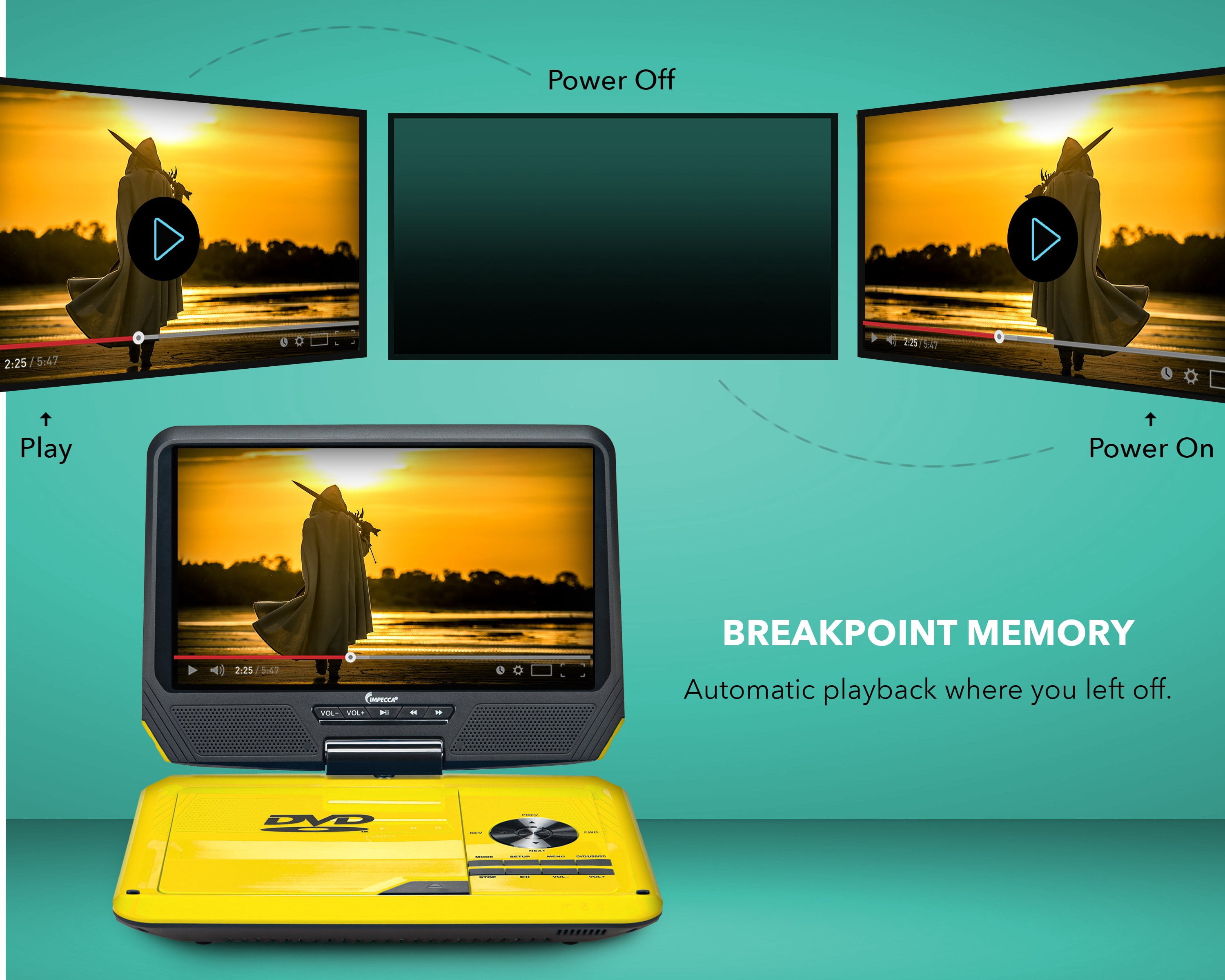 Impecca 9” Portable DVD Player Includes Flip and Swivel Screen