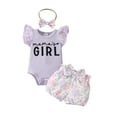 thumbnail image 2 of Aojekbee Baby Girl Summer Clothes Letter Print Ribbed Romper and Floral/Fruit Print Shorts Headband Set 3 Piece Outfits, 2 of 10